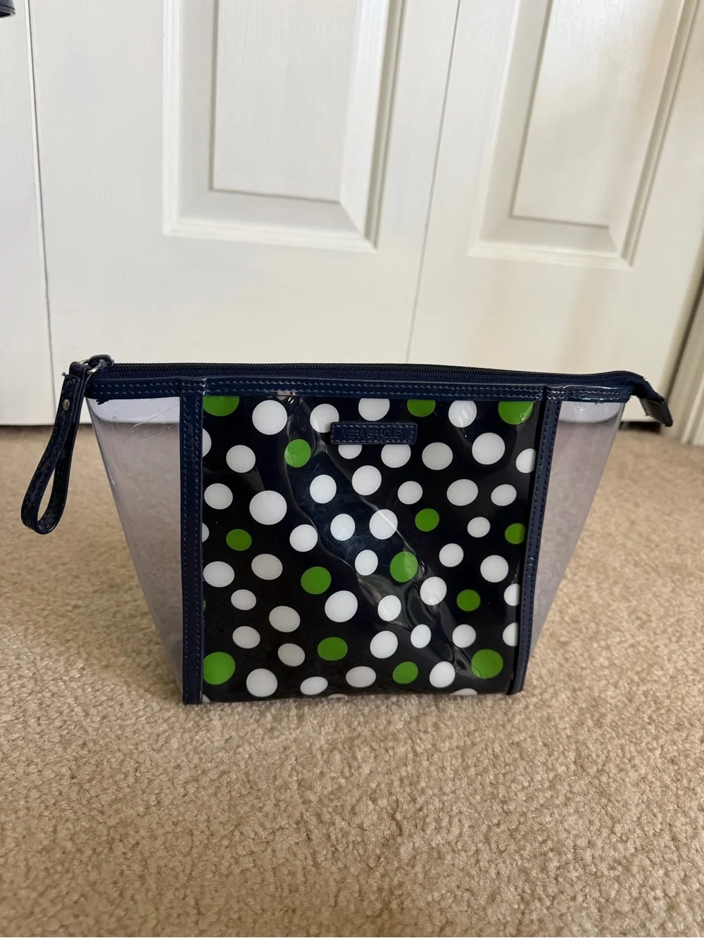 Vera Bradley Clear Cosmetic Pouch with Black, White and Green Polka Dots